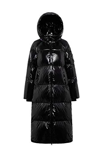 Women's Hooded Goose Down High Shine Long Jacket, Black, 14