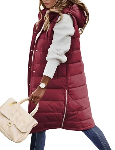 Women's Hooded Long Quilted Vest Winter Full-Zip Sleeveless Outerwear Thermal Thick Puffy Coats Jacket with Pockets, Wine Red, X-Large