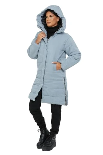 Womens Hooded Longline Jacket Full Sleeve Ladies Quilted Puffer Padded Zipper Bodywarmer Winter Coat