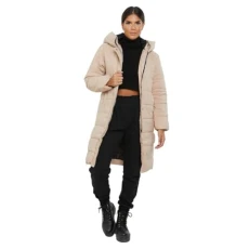 Womens Hooded Longline Jacket Full Sleeve Ladies Quilted Puffer Padded Zipper Bodywarmer Winter Coat