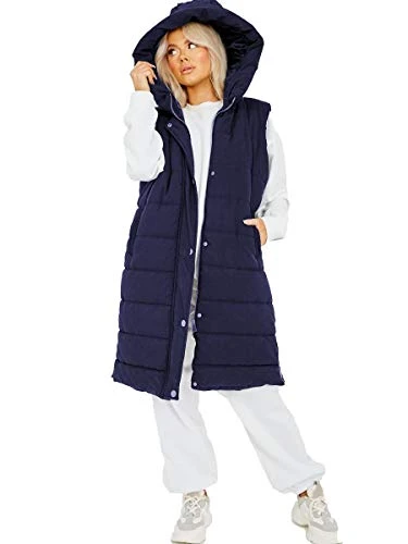 Womens Hooded Longline Jacket Ladies Quilted Gilet Puffer Padded Zipper Bodywarmer Winter Coat Navy