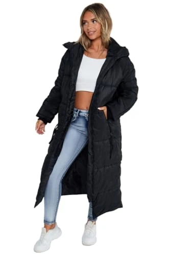 Womens Hooded Maxi Longline Coat Ladies Puffer Padded Bodywarmer Ladies Long Sleeve Winter Quilted J