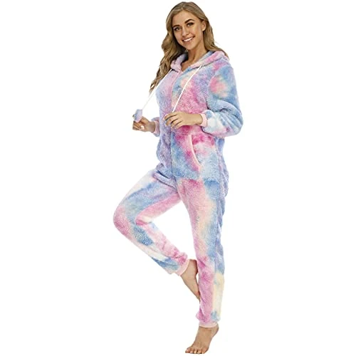 Women's Hooded Tie-Dye Printed Full Zip Jumpsuit Nightdress Comfortable Thick Pyjamas Warm Loungewear Family Party Warm Long Flannel Sleepwear Fluffy Lightweight Pyjamas, pink, M