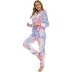 Women's Hooded Tie-Dye Printed Full Zip Jumpsuit Nightdress Comfortable Thick Pyjamas Warm Loungewear Family Party Warm Long Flannel Sleepwear Fluffy Lightweight Pyjamas, pink, M