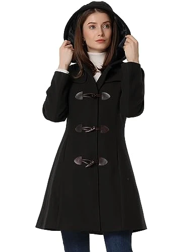 Women's Hooded Toggle Button Up Duffle Coat Winter Outwear, Black, S