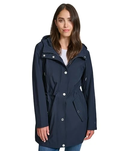 Women's Hooded Transitional Adjustable Waist Softshell Rain Coat Quilted Jacket, Navy, L