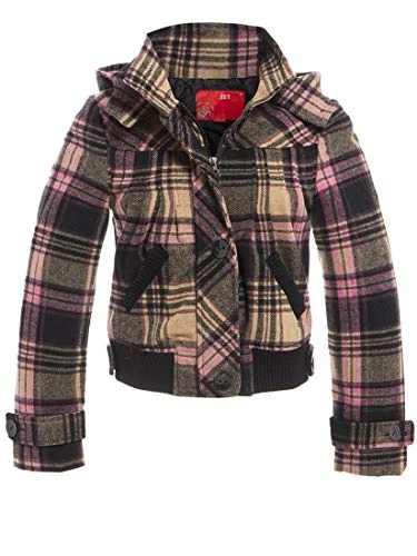 Women's Hooded Wool Blend Check Jacket, Pink Black, Sizes 8 to 14 (UK - 14, Pink/Black)