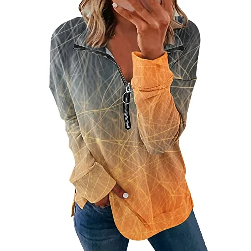 Women's hoodie crew neck oversize casual shirt casual women's long sleeve sweatshirt with V-neck, zip and colour gradient women's sweatshirt pullover casual long sleeve shirt, orange, M