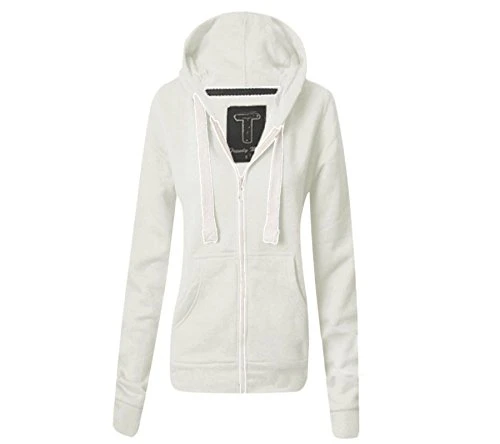 Womens Hoodie Hood Plain Jumper Ladies Cream Fleece Casual Zip Top Upper Sweater Sweatshirt Jacket C