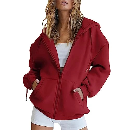 Women's Hoodie Solid Color Zip Up Cotton Hoodies for Women UK Black Hoodie Women Long Sleeve Sweatshirts with Pockets Ladies Lightweight Jacket Outfits(A1-Red,XL)