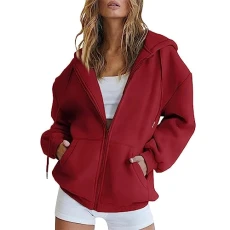 Women's Hoodie Solid Color Zip Up Cotton Hoodies for Women UK Black Hoodie Women Long Sleeve Sweatshirts with Pockets Ladies Lightweight Jacket Outfits(A1-Red,XL)