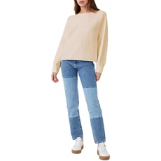 Womens Horizontal Rib Boatneck Crop Sweater, Light Oatmeal Melange, L Womens Horizontal Rib Boatneck Crop Sweater, Light Oatmeal Melange, L
