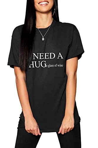 Womens I Need A Hug Printed Baggy Loose Boy Friend Short Sleeve Casual Basic T-Shirt Top Black(White Print) Large (UK 12)