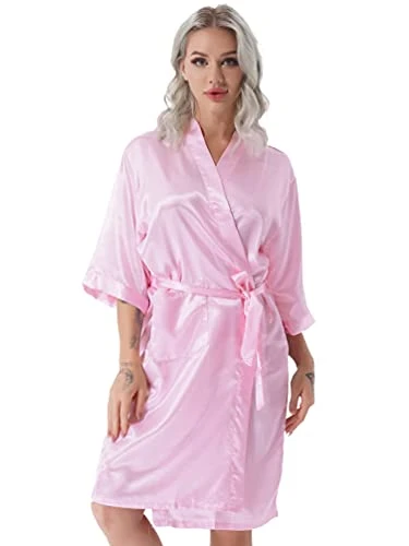 Women's Ice Silk Robe Kimono Short Dressing Gown Soft Lightweight V-Neck Wrap Sleepwear with Pockets Pink S