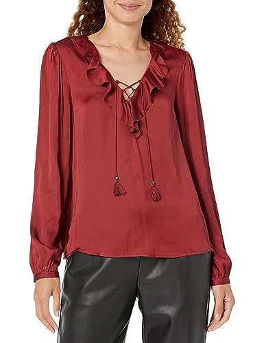 Women's Ilara Blouse Long Sleeve Ruffle Detailing Tassel Trims in Burgundy, Burgundy, M