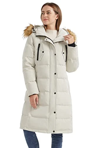 Women's Insulated Down Coat Winter Quilted Comfort Jacket Medium Puffer Coat with Faux Fur Hood Peli