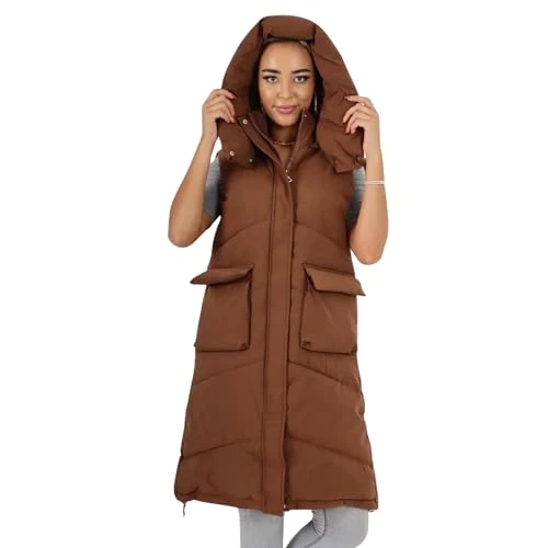 Women's Italian Padded Pockets Hooded Quilted Long Gilet with Zip-Up Front & Pockets Cozy Winter Fas