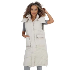 Women's Italian Padded Pockets Hooded Quilted Long Gilet with Zip-Up Front & Pockets Cozy Winter Fashion Essential Cream 10-21
