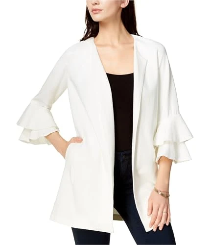 Womens Ivory Ruffled Cardigan 3/4 Sleeve Open Cardigan Sweater Size: XS