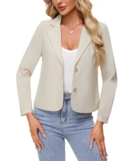 Women's Jacket Suit Elegant Casual Linen Blazer Notched Lapel Half lined (Apricot M)