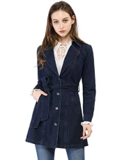 Women's Jean Belted Notched Lapel Trench Long Denim Jacket Dark Blue M