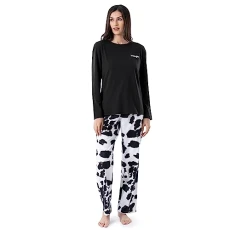 Women's Jersey & Flannel Pants Pajama Set, Black/Cow Print, 3X Women's Jersey & Flannel Pants Pajama Set, Black/Cow Print, 3X
