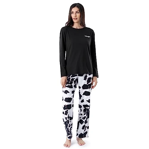 Women's Jersey & Flannel Pants Pajama Set, Black/Cow Print, 3X
