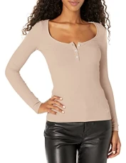 Women's Jewel Button Long Sleeve Henley Dress Shirt, Light Rum, S Women's Jewel Button Long Sleeve Henley Dress Shirt, Light Rum, S