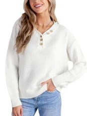 Women's Jumper Chunky Knit Buttoned V-Neck Drop Long Sleeves Sweater with Ribbed Trim White M Women's Jumper Chunky Knit Buttoned V-Neck Drop Long Sleeves Sweater with Ribbed Trim White M