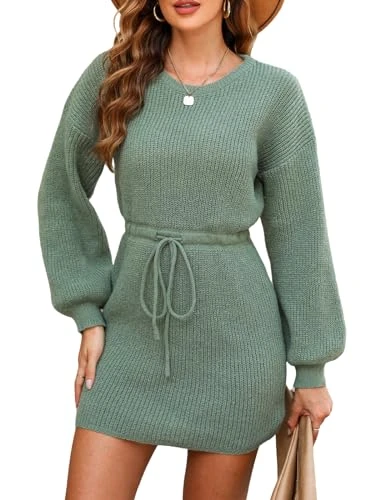 Women's Jumper Dress Crewneck Long Sleeve Drawstring Waist Loose Fit Casual Knit Pullover Sweater Dresse Green L