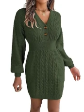 Women's Jumper Dress Fall/Winter Buttoned V-Neck Twist Wrap Hip Sweater Dress Batwing Sleeve Elasticated Waist Midi Dress Green