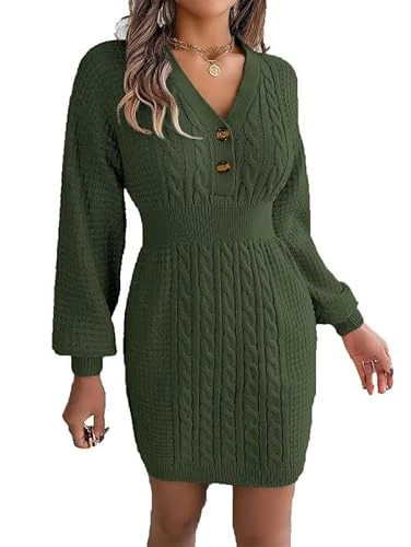 Women's Jumper Dress Fall/Winter Buttoned V-Neck Twist Wrap Hip Sweater Dress Batwing Sleeve Elasticated Waist Midi Dress Green