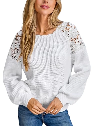 Women's Jumper Long Sleeve Lace Shoulder Knitted Casual Pullover Sweater Tops White XL