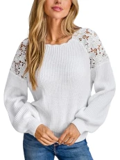 Women's Jumper Long Sleeve Lace Shoulder Knitted Casual Pullover Sweater Tops White XL Women's Jumper Long Sleeve Lace Shoulder Knitted Casual Pullover Sweater Tops White XL