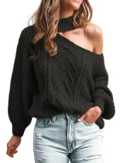 Women's Jumper Long Sleeve Mock Neck Off Shoulder Causal Pullover Sweater Top Black M Women's Jumper Long Sleeve Mock Neck Off Shoulder Causal Pullover Sweater Top Black M