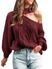 Women's Jumper Long Sleeve Mock Neck Off Shoulder Causal Pullover Sweater Top Burgundy M Women's Jumper Long Sleeve Mock Neck Off Shoulder Causal Pullover Sweater Top Burgundy M