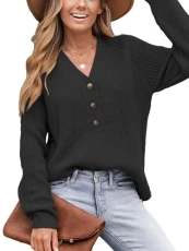 Women's Jumper V Neck Long Sleeve Tops Button Front Pullover Knit Sweater for Ladies Black M Women's Jumper V Neck Long Sleeve Tops Button Front Pullover Knit Sweater for Ladies Black M