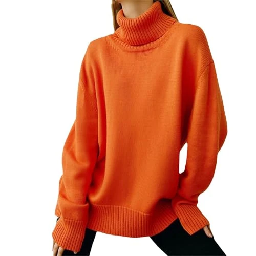 Women's Jumpers Autumn Knitted Jumpers Tops Turtle Neck Tops for Women Pullover Casual Loose Batwing Sleeve Turtleneck Sweaters Long Sleeve Loose Chunky Ladies Fall Sweatshirts(A1-Orange,M)