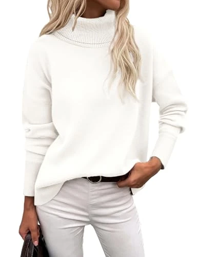 Women's Jumpers Elegant Turtle Neck Sweater Casual Knitted Sweaters Roll Neck Ladies Long Sleeve Tops Autumn Winter White L