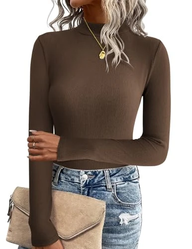 Women's Jumpers Long Sleeve Sweater Turtle Neck Tops Casual Solid Pullover Stretch Lightweight Sweaters Brown M