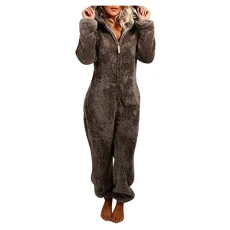 Women's Jumpsuits & Playsuits Warm Plush Long-Sleeved Zipper Hooded Jumpsuit With Cat Ears Long Sleeve Casual Sleepwear Pajamas Women Winter Rompe Hooded Womens Nightwear Women's Coats Brown