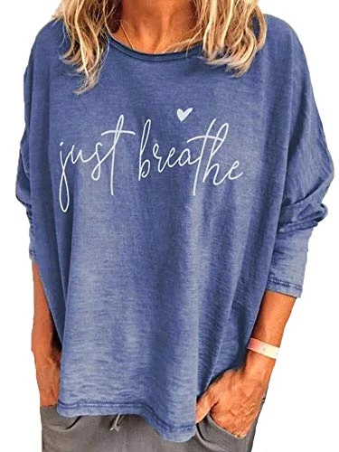 Women's Just Breathe Letter Graphic Print Shirt Long Sleeve Crew Neck Sweatshirt Casual Loose Fitting Fall Tops Pullover T Shirt Sweatshirts S - XXXL Blue