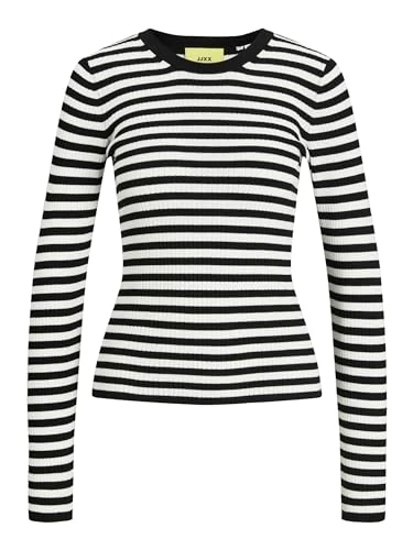 Women's Jxjodi Tight Crew Neck Knit Longsleeve T-Shirt, Black/Stripes:/Cloud Dancer, M