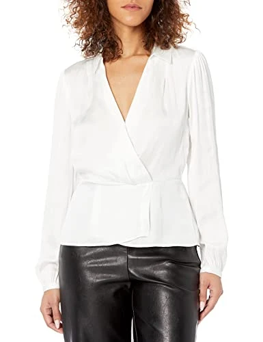 Women's Karla Blouse Long Sleeve Faux Wrap Front Peplum Hem in White, White, X-Small