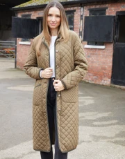 Womens Khaki Button Up Collared Diamond Quilted Maxi Coat