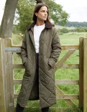 New Trending Women's Khaki Diamond Quilted Heritage Longline Barn Jacket with Removable Hood