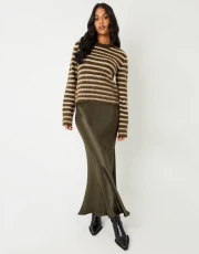 Women's Khaki Maxi Satin Slip Skirt