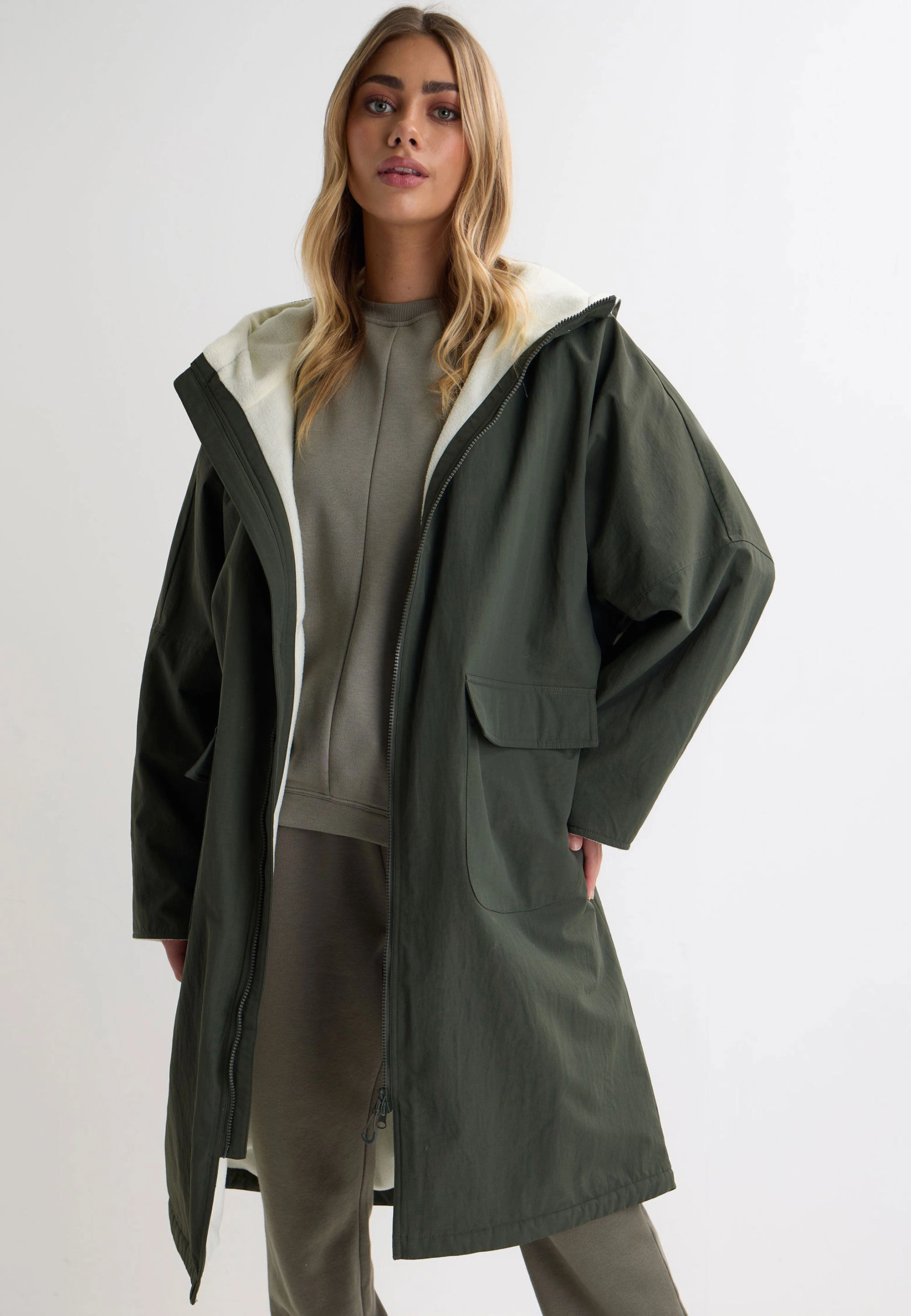 Womens Khaki Plain Fleece Lined Changing Coat
