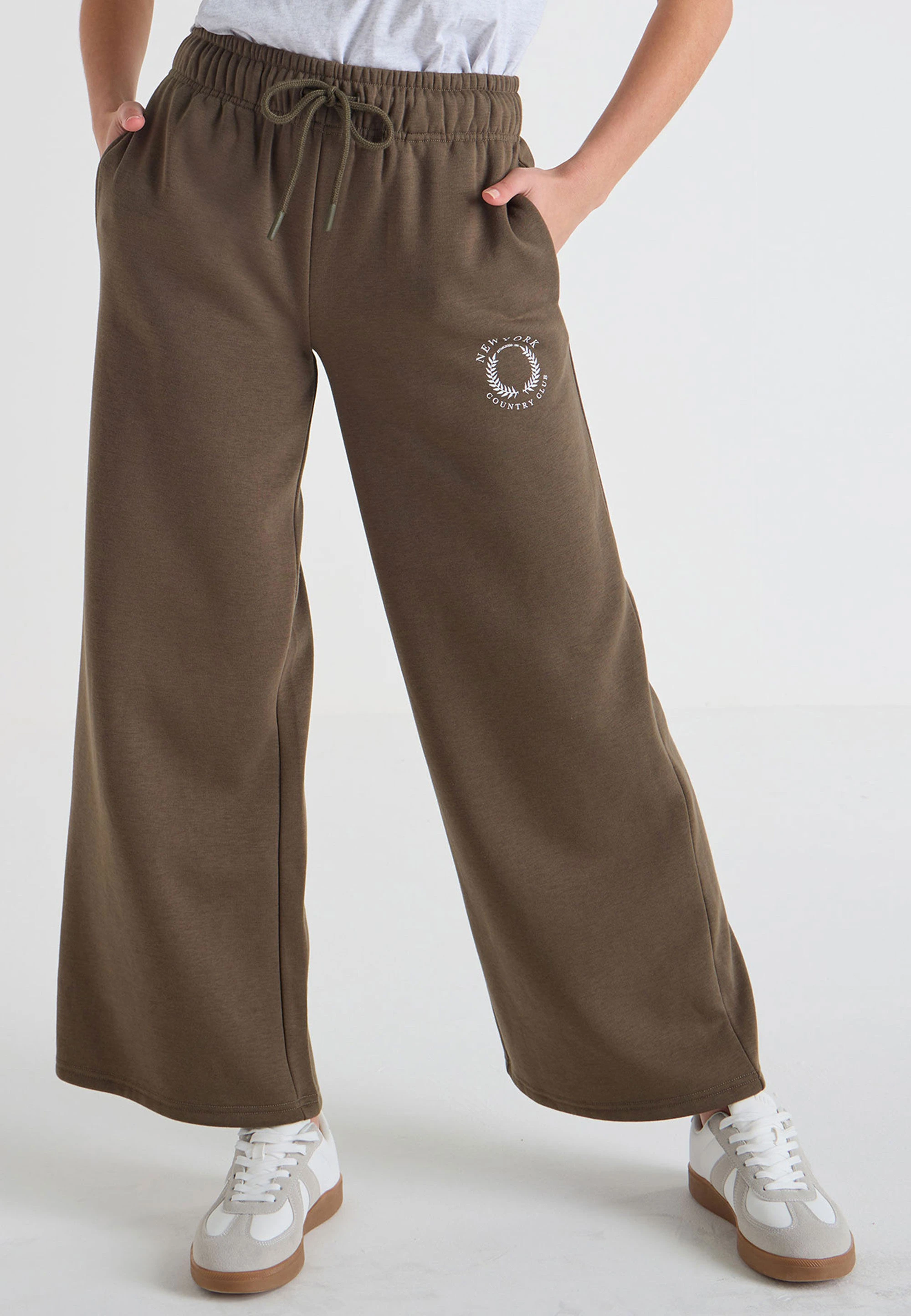 Womens Khaki Wide Leg Graphic Joggers