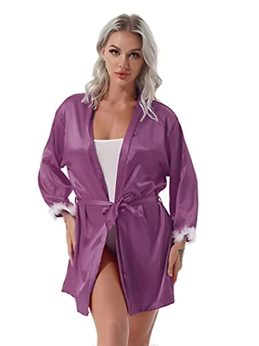 Women's Kimono Dressing Gown Satin Feather Trim Robe Short Solid Colour Bride Bridesmaid Nightwear Purple M